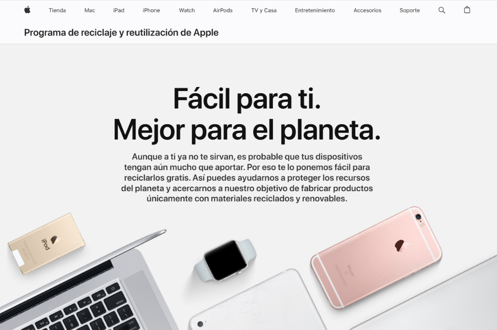 Captura de pantalla de la página del programa reciclaje y reutilización de Apple.
