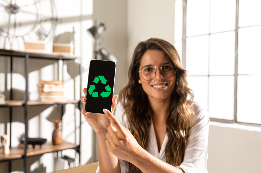 mujer señalando móvil con icono de reciclar